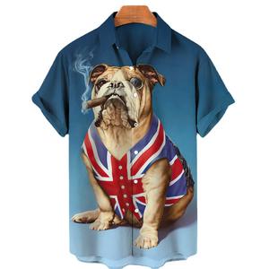 Drapeau américain et Union Jack Pet Dog Patriotic Hawaiian Shirts, British English <span class=keywords><strong>Bulldog</strong></span> Smoking A Cigar Unisex Summer Beach Tops - Product Image 2