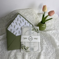Ensemble d'invitations de mariage en papier vélin vert sauge avec bande décorative à motif floral, papeterie de luxe pour fête prénuptiale et fiançailles