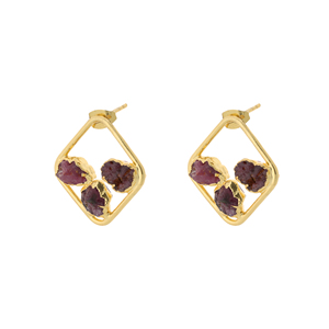 Crimson Crag Stud Earrings Raw Garnet Look Geometric Square <b>Gold</b> <b>Frame</b> Natural Stone Fashion Jewelry for Women - Product Image 1