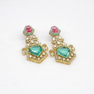 Pendientes de Oro Laminado con Moissanita Kundan 03636, Pendientes Colgantes con Doble Piedra para Mujer, Joyería de Boda - Product Image 1