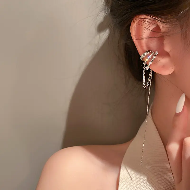 bling women ear cuff earrings chain with piercing