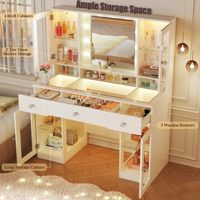Vente en gros de coiffeuse moderne avec miroir et éclairage, 4 armoires, prise électrique et 3 tiroirs, éclairage à 3 couleurs