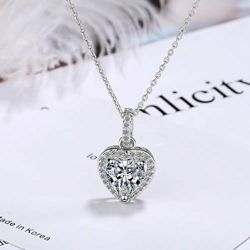 2024 оптовая продажа Элегантный тонкий серебряный кристалл Бриллиантовое сердце ожерелье для женщин