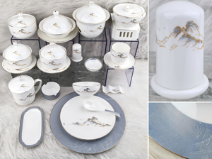 Juego de vajilla con decoración de río y montaña, borde dorado a mano, vajilla de lujo para hotel, banquete de boda, restaurante, porcelana china - Product Image 2