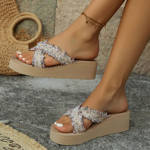 Sandalias de cuña de PU con suela gruesa y punta cuadrada, estilo plataforma, para viajes, moda de invierno, zapatos de boda, chanclas casuales de playa para verano - Product Image 4