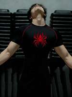 Camiseta Deportiva de Compresión de Manga Corta con Cuello Redondo y Estampado de Araña para Hombre, de Secado Rápido, Alta Elasticidad y Absorción de Humedad