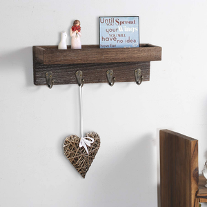<span class=keywords><strong>Porte</strong></span>-clés mural moderne en bois rustique, organiseur de courrier, étagère flottante à trois niveaux, 4 crochets métalliques, entrée, couloir, chambre, bureau - Product Image 4
