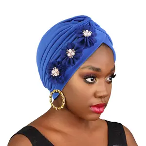 Wholesale Custom Logo Hair Accessories Muslim 3D Pearls Flowers Plain Solid Bonnet Hand Made Cancel Polyester Turban For Women