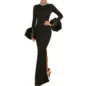 Women's Crystal High Neck Maxi Dress - <b>Flare</b> Sleeve Gown Evening Stretch Dresses Fashion - Product Image 6