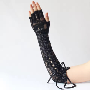 Mitaines sans doigts en résille pour femmes, style gothique Lolita, avec rubans, sexy, en dentelle, longues, pour cosplay, mi-doigts, jusqu'au coude - Product Image 4