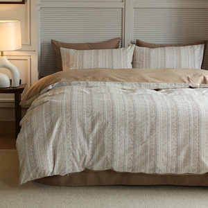 Juego de Ropa de Cama Nórdica Minimalista de Algodón Jacquard a Rayas, 1.5m 1.8m, Funda de Edredón y Sábanas, Patrón de Camuflaje Caqui - Product Image 3
