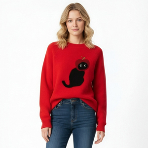 Apple <strong>Cat</strong> Animal Print Western Sweet Casual <strong>Women's</strong> 100% Acrylic Long-sleeved Crocheted Knitwear <strong>Jumper</strong> - Product Image 1