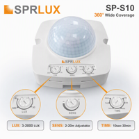 Détecteur de mouvement Sprlux SP-S10 à 3 capteurs, détection à 360 degrés, marche/arrêt automatique, portée de détection de 8 m, interrupteur de plafond intérieur/extérieur