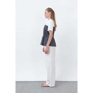 เสื้อเบลาส์ผ้าเดนิมสีตัดกันสำหรับผู้หญิงแขนสั้น 32318BLZ - Product Image 2