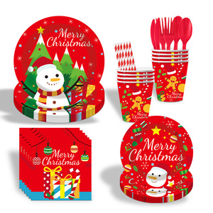 Ensemble de vaisselle jetable sur le thème de Noël moderne plateau en <span class=keywords><strong>papier</strong></span> rond tasse serviette bannière pour fête d'anniversaire - Product Image 4