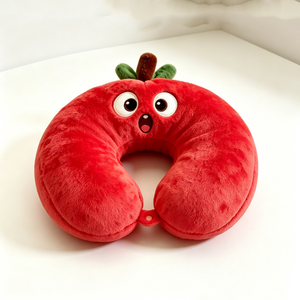 Almohada de viaje personalizada de tomate rojo suave y esponjoso con cuello en U, tallo y hojas, diseño de tomate de dibujos animados con expresión sorprendida de ojos grandes. - Product Image 1