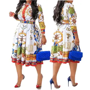 YQY38195 Neuheiten Bedruckte Langarm-Blumen kleid mit hoher Taille Afrikanische Kleider für Damen bekleidung Plus Size Damen kleider