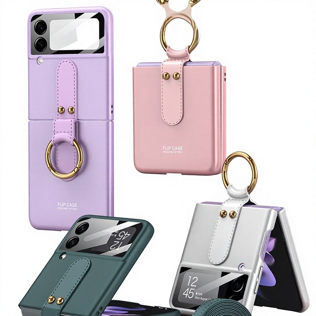 Compatible for Z Flip 4 All-in-one Lanyard Flip-style Protective case Crossbody PC Ring Holder Strap Phone case Animal