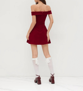 Mini abito da donna in <span class=keywords><strong>velluto</strong></span> <span class=keywords><strong>bordeaux</strong></span> con spalle scoperte, abito da festa elegante con scollo a cuore e linea ad A - Product Image 3