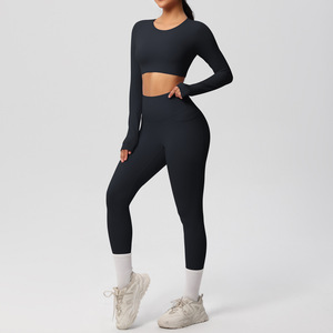 Ensembles de yoga pour femmes personnalisés, doux, brossés, unis, extensibles, respirants, légers, avec leggings taille haute et haut à manches longues, OEM - Product Image 1