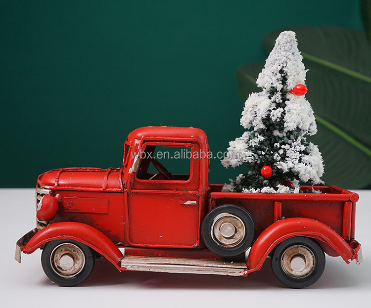 Camioncino Rosso Vintage Natalizio In Metallo Con Mini Alberi - Decorazione Tavolo Per Natale (38x14.5x24 Cm)
