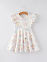 Robe pour filles et enfants, motif floral lapin rose de Pâques, respirante, coupe trapèze, longueur genou, manches courtes, nœud œuf, printemps-été