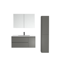 TONA Zeus Meuble-lavabo de salle de bain flottant rectangulaire de luxe moderne européen avec armoire à miroir en MFC, lavabo en pierre grise écologique, finition douce