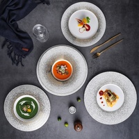 Service de vaisselle en céramique texturée sable, luxe moderne, pour restaurant, hôtel, restauration fine, assiette à bord doré, assiette ronde, assiette de présentation