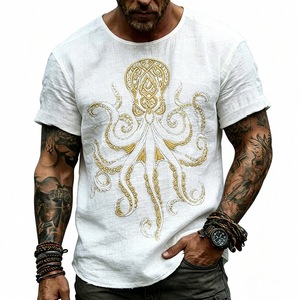 Pronta Consegna dalla Taglia S alla 3XL, T-Shirt Vintage Effetto Lino con Stampa Polpo Dorato, 140gsm, Asciugatura Rapida, Vestibilità Comoda Estiva, Maglietta Casual da Uomo - Product Image 2