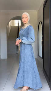 Elegante Abito Lungo in <span class=keywords><strong>Denim</strong></span> Stile A-Line per Donne Musulmane, Moda Islamica Modesta, Stile Abaya, Vestito Lungo Primavera-Autunno - Product Image 3