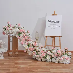 QSLH Ti501 Aisle Road Lead Decoration Table Runner Foam Panel Plant Backdrop Flower Row White Rose Flower Runner For Wedding