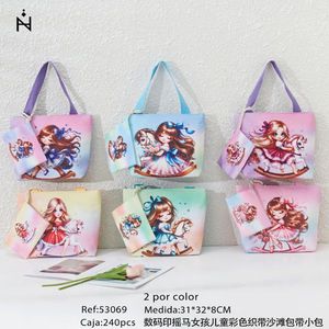 Bolsos de playa con estampado digital de caballo para niñas, 31x32x8CM, con cinta colorida, bolso pequeño para niños - Product Image 2
