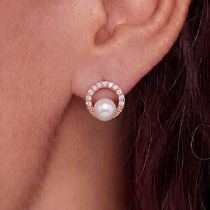 Freshwater Pearl <b>Studs</b> <b>Silver</b> Plated Copper Half Circle Jewelry CZ Pavé Curved Earring for Women Minimalist Gifts - Product Image 2