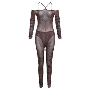 Graphic Print 2 Two Piece Pants Set Club For Women 2023 Long Sleeve Off Shoulder Mesh Top High Waist Pants Sets