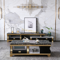 Table basse de salon Xuanzhen en marbre noir moderne, table centrale de luxe en bois doré avec rangement pour salon