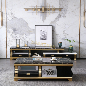 Tavolino da Caffè Xuanzhen in Marmo Nero Moderno <span class=keywords><strong>con</strong></span> Base in <span class=keywords><strong>Legno</strong></span> Dorato e Vano Portaoggetti per Soggiorno - Product Image 3
