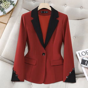 Women's Red Blazer With Black Lapel And Cuffs Slim Fit Solid Color Wool Blend Suit Top For Office Wear - Product Image 1