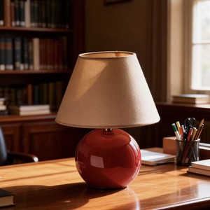 Lámpara de Mesa con Base de Cerámica Roja y Pantalla Beige, Bombilla LED E27, Diseño Simple para Sala de Estar, Dormitorio o Estudio - Product Image 3
