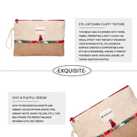 Pochette cosmétique personnalisée en tissu éponge et jute avec fermeture éclair à pompon et sangle de transport pour la plage et les voyages