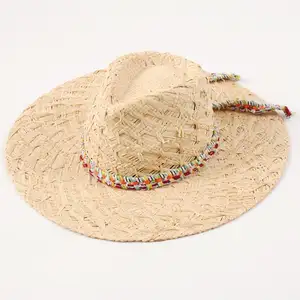 2024 sombreros de vacaciones de verano creativo hecho a mano tejido trenzado plano ala ancha vacaciones moda rafia Fedora sombrero de paja con cuerdas