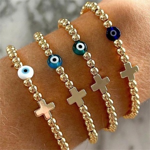 Bracelets perlés étanches plaqués or 18 carats en acier inoxydable, avec croix en pierre de gallstone noire et yeux bleus, faits main, empilables, tendance, unisexe, mode - Product Image 1