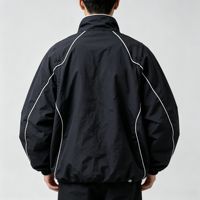 100% Polyester Windbreaker Schwarz-Weiß Geometrische Paspelierung Trichterkragen Durchgehender Reißverschluss Voluminöser Schnitt Elastischer Saum Formgebende Nylon-Jacke
