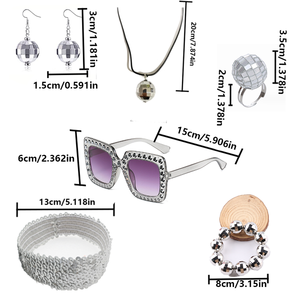 PESENAR Ensemble d'accessoires Disco Diva des années 1970, 6 pièces : Bijoux boule à facettes argentée, lunettes de soleil en strass et <span class=keywords><strong>bandeau</strong></span> tendance - Product Image 2