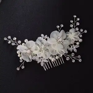 Pente de cabelo feminino de noivas com strass romântico feito à mão, lima de cristal pérola e diamantes, flor de seda