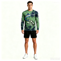 T-shirt à manches longues pour homme avec col rond et impression intégrale personnalisée par sublimation, thème marlin et thon, pour la pêche