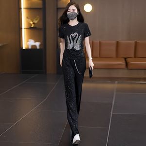 <span class=keywords><strong>Ensemble</strong></span> décontracté 2 pièces pour <span class=keywords><strong>femme</strong></span>, T-shirt imprimé cygne avec strass + <span class=keywords><strong>pantalon</strong></span> à cordon <span class=keywords><strong>de</strong></span> serrage, <span class=keywords><strong>ensemble</strong></span> <span class=keywords><strong>de</strong></span> vêtements <span class=keywords><strong>de</strong></span> détente scintillants - Product Image 5
