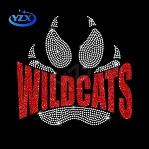 YZX doğrulanmış fabrika özel spor takımı logosu Wildcat Paw kırmızı Glitter vinil Rhinestone isı transferleri