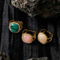 Bague XY 4866 vintage en acier inoxydable, double couche, creuse et massive, avec texture carrée, pierre naturelle et bordure en zircon