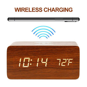 Orologio Digitale LED Multifunzione Moderno da Scrivania Quadrato con Controllo Sonoro Orologio Sveglia in Legno con Ricarica Wireless per iPhone <span class=keywords><strong>Samsung</strong></span> - Product Image 5