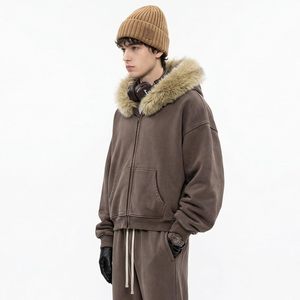 Keepsowing Men's Zip Up Hoodie Fleece <b>Box</b> Fit Fur Collar Streetwear Sweatshirt - Product Image 4